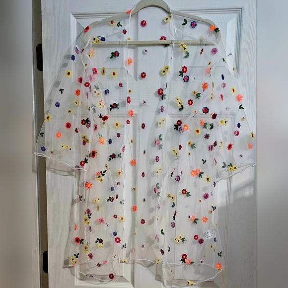 New Floral Embroidered Mesh Open Front Cover Up Blouse Large - Picture 3 of 5